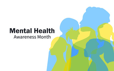 Mental Health Awareness Month. Women of different nationalities and religions together. Horizontal banner on a white background. Vector.