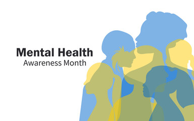 Mental Health Awareness Month. Women of different nationalities and religions together. Horizontal banner on a white background. 