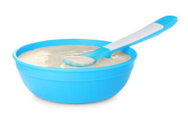 Healthy baby food in bowl on white background