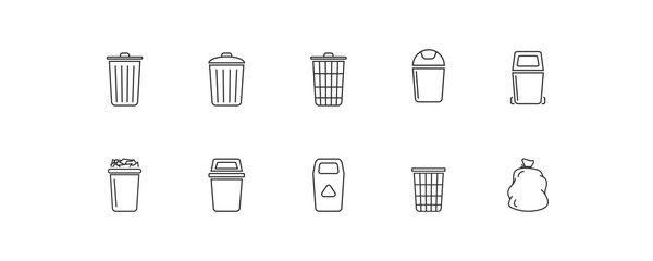 Trash bin set simple line icons. Trash can icon. Vector isolated flat illustration