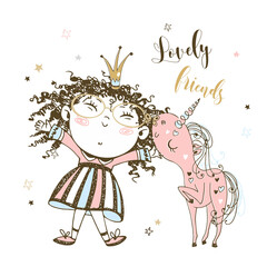 Little cute Princess combs the mane of her unicorn. Vector