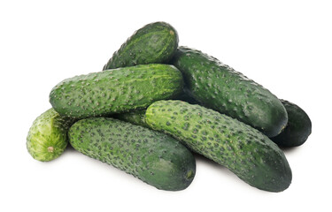 Heap of fresh ripe cucumbers on white background