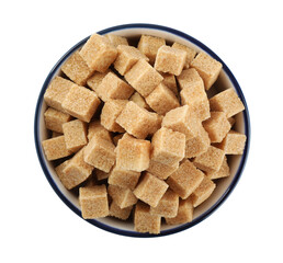 Bowl with cubes of brown sugar isolated on white, top view