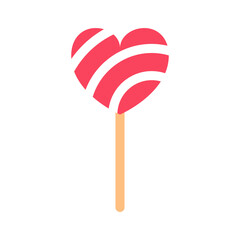 Red heart shaped lollipop flat icon isolated on white background. Bright fun holiday sweet. Striped food object. Party design decoration. Birthday celebration stick candy. Treat vector illustration.
