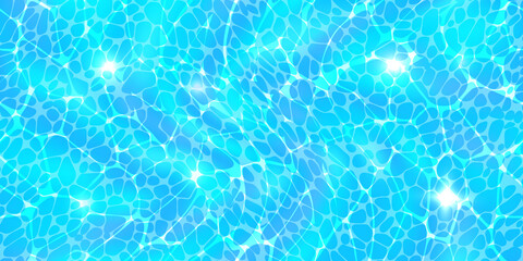 Ocean surface top view seamless texture with sunlight glare reflect, caustic ripples and waves. Clear blue water pattern. Bright vector summer time background.
