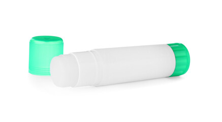 Blank glue stick with green cap on white background