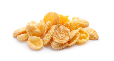 Pile of tasty corn flakes on white background