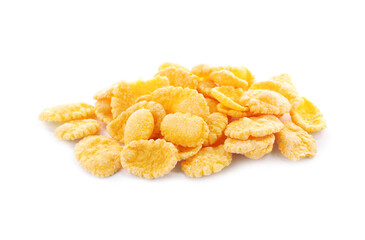 Pile of tasty corn flakes on white background