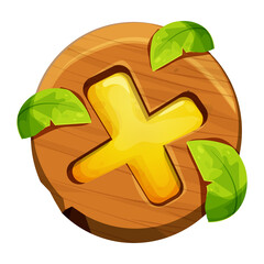Wooden close button game interface, menu element, cross shape with jungle leaves in comic cartoon style isolated on white background.