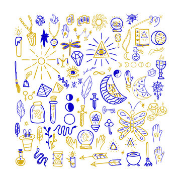 Magic Doodle Set Isolated. Vector Illustration of Mystery Sketch Objects.