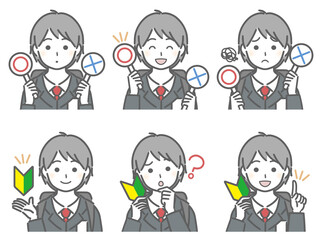 〇✕マークや初心者マークを持つ少年（制服）