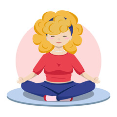 Obraz na płótnie Canvas Yogi in the lotus position. Blonde-haired cute girl is doing yoga.