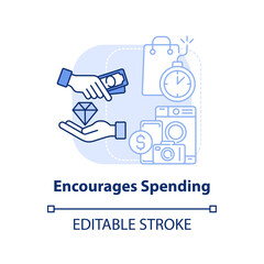 Encourages spending light blue concept icon. Stock up on goods. Effect of inflation abstract idea thin line illustration. Isolated outline drawing. Editable stroke. Arial, Myriad Pro-Bold fonts used