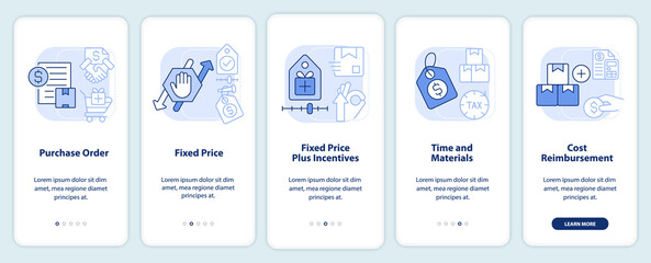 Agreements in procurement light blue onboarding mobile app screen. Walkthrough 5 steps editable graphic instructions with linear concepts. UI, UX, GUI template. Myriad Pro-Bold, Regular fonts used
