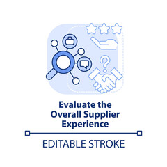 Evaluate overall supplier experience light blue concept icon. Effective purchasing abstract idea thin line illustration. Isolated outline drawing. Editable stroke. Arial, Myriad Pro-Bold fonts used