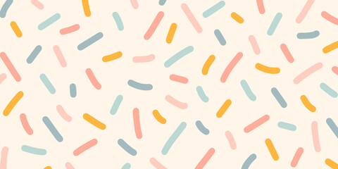 Cute abstract horizontal background with pastel colored decorative sprinkles. Multi colored confetti backdrop. Pop art style textures. Vector design layout for banners presentations, flyers, posters