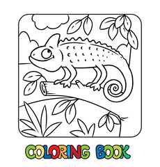 Funny chameleon on the branch. Kids coloring book