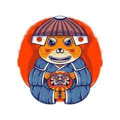 Cat samurai warriors with daruma japanese culture illustrations