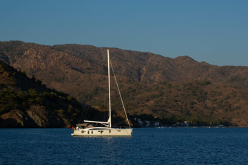 sailing boat on the Aegean Sea in the evening sunlight near Marmaris in Turkey