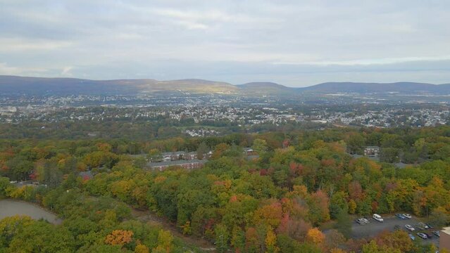 An aerial view over stunning Pennsylvania in the outskirts of Philadelphia. Drone shot with the mountains in the background.