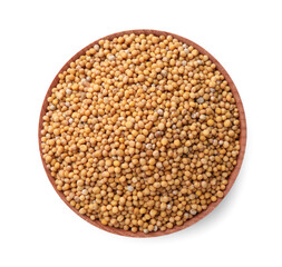 Bowl with mustard seeds isolated on white, top view