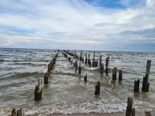 remains of wooden pier in the sea