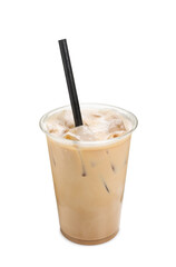 Takeaway plastic cup with cold coffee drink and straw isolated on white