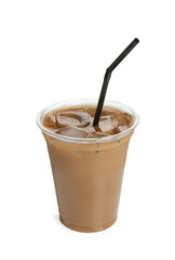Takeaway plastic cup with cold coffee drink and straw isolated on white