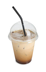 Takeaway plastic cup with cold coffee drink and straw isolated on white