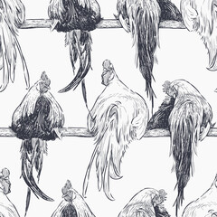 Seamless background of sketches cocks sitting on roost
