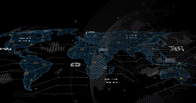 Animation of world map and icons over black background