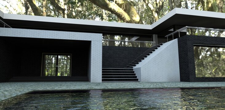 Stunning high tech suburban house in a big trees forest. Flat  roof . Black and white brick finishing. Large swimming pool. 3d render. Excellent image for expensive property websites.