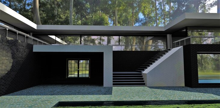 The yard of amazing design house. Black brick finishing. Shadow of a big tropical forest. 3d render. Good banner for the luxury real estate sale advertising.