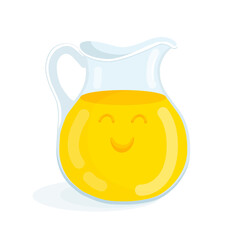 Orange lemon juice in a glass decanter with a cute face. Vector illustration of citrus lemonade drink in a jug. Summer fresh healthy drink.