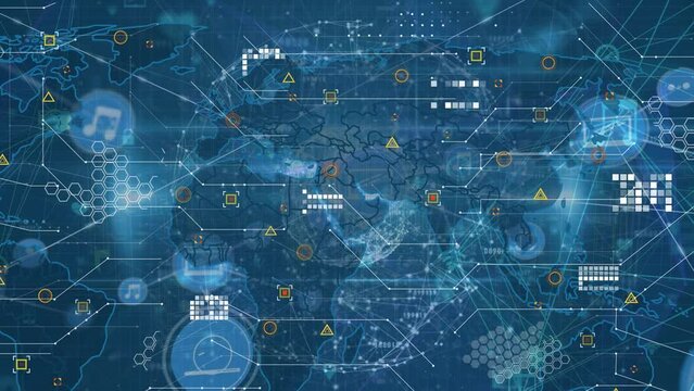 Animation of world map, connections, globe and icons on navy background