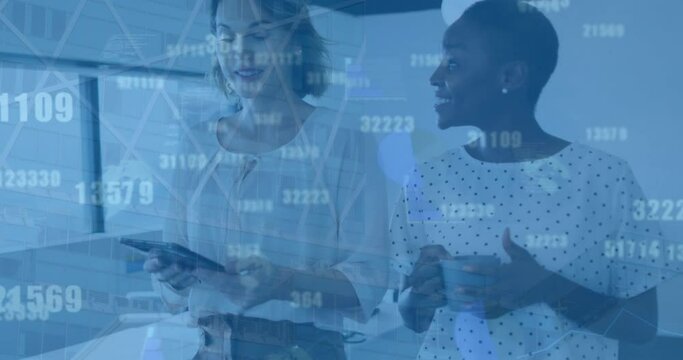 Animation of numbers changing over diverse female coworkers in office - Powered by Adobe