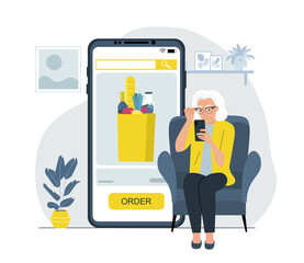 Elderly woman ordering groceries for home delivery from her smartphone. Vector illustration.
