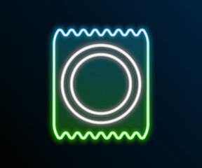 Glowing neon line Condom in package icon isolated on black background. Safe love symbol. Contraceptive method for male. Colorful outline concept. Vector