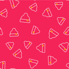 Line Beanie hat icon isolated seamless pattern on red background. Vector
