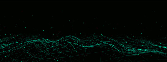 Abstract vector technology wave of particles. Big data visualization. Background with motion dots and lines. Artificial intelligence.