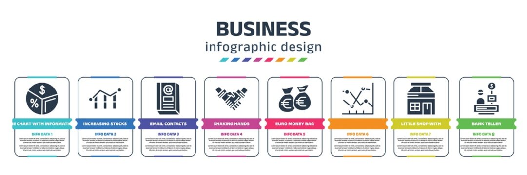 Business Infographic Design Template With Pie Chart With Information, Increasing Stocks Graphic Of Bars, Email Contacts, Shaking Hands, Euro Money Bag, , Little Shop With Awning, Bank Teller Icons.