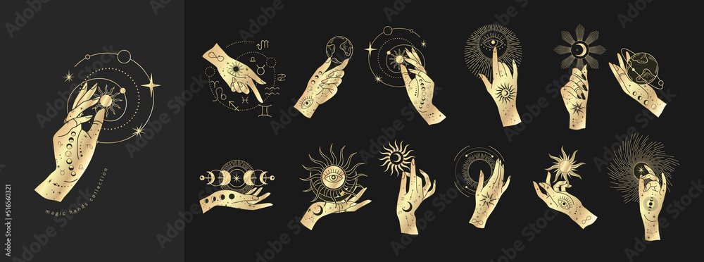 Wall mural spiritual esoteric magic logo or talisman with woman hands in silhouette style with stars, sacred ge