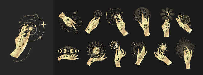 Spiritual esoteric magic logo or talisman with woman hands in silhouette style with stars, sacred geometry moon and sun. Alchemy mystic tattoo object logo template. Vector - obrazy, fototapety, plakaty