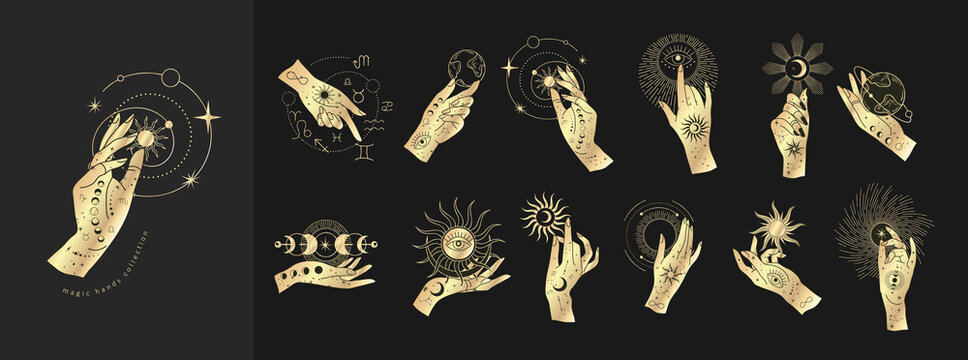 Spiritual esoteric magic logo or talisman with woman hands in silhouette style with stars, sacred geometry moon and sun. Alchemy mystic tattoo object logo template. Vector