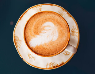 Top view of a cup of cappuccino coffee close-up on a dark background latte art