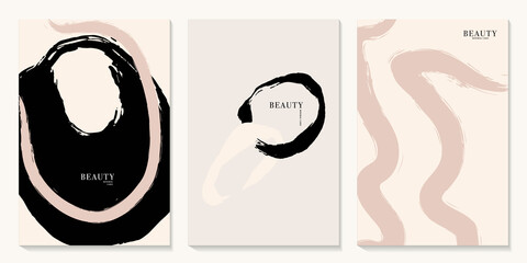 Modern minimalist ink brush paint poster set, abstract shapes background oil paint in vector . Pastel beige brush strokes painting
