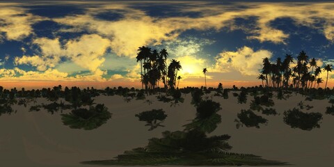 Oasis at sunset in a sandy desert. Environment map. HDRI . equidistant projection. Spherical panorama. panorama 360.
3d rendering