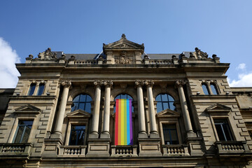 Fototapeta na wymiar LGBT flag on the facade of a public library in San Sebastian, Spain