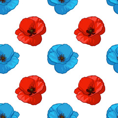 Blue and red poppies. Seamless pattern. Vector illustration.