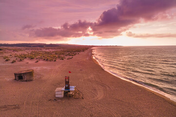 Black Sea coastline at sunset in Sakarya Turkey with purple and orange colors cloudy weather aerial shot
